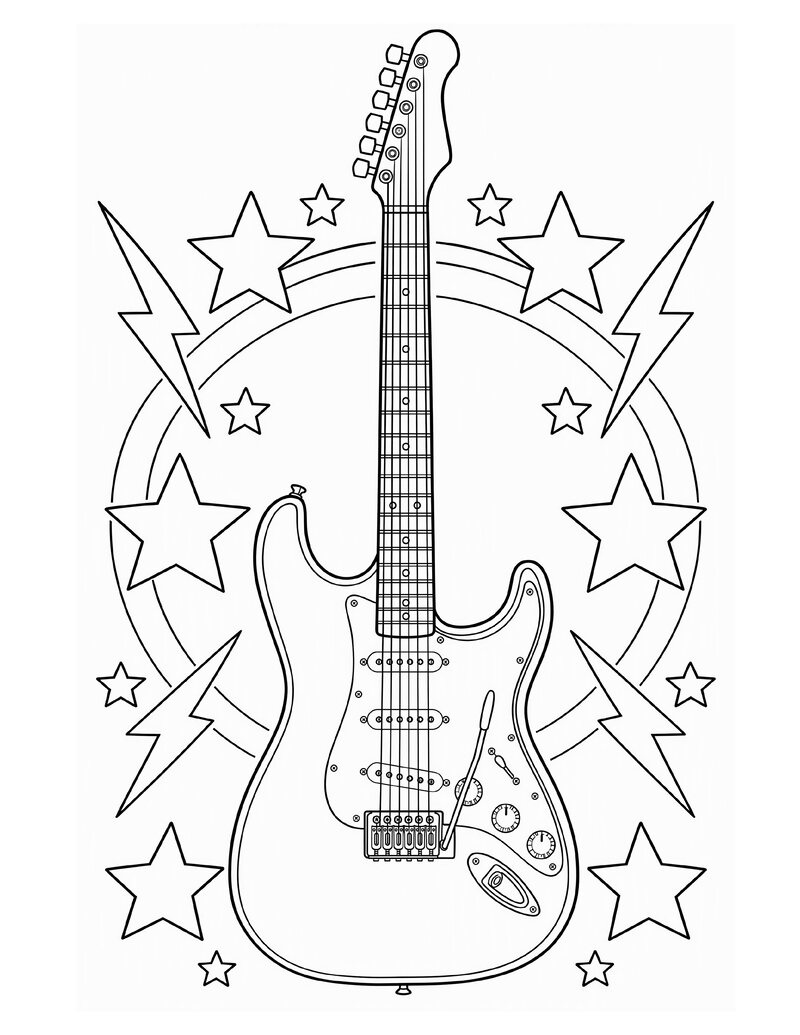 Ausmalbild E-Gitarre mit Sternen, Blitzen und großen Ringen im Hintergrund