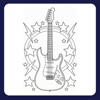 Ausmalbild E-Gitarre mit Sternen und Blitzen
