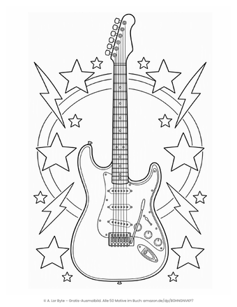 Ausmalbild E-Gitarre mit Sternen und Blitzen