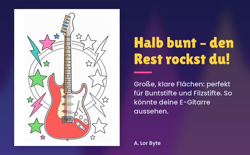 Ausmalblatt mit einer E-Gitarre, zur Hälfte bunt ausgemalt, daneben der Schriftzug „Halb bunt – den Rest rockst du!“ auf nachtblauem Bühnenhintergrund