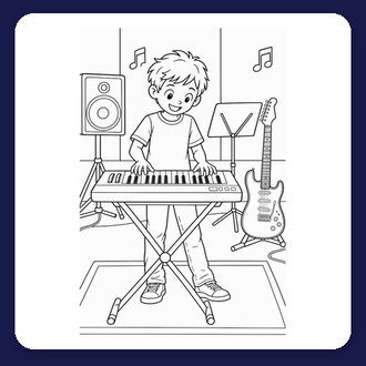 Ausmalbild Kind spielt Keyboard mit Notenständer
