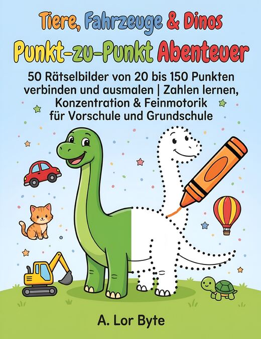 Buchcover „Tiere, Fahrzeuge & Dinos – Punkt-zu-Punkt Abenteuer“ mit einem Dinosaurier, der links grün ausgemalt und rechts nur als gepunktete Linie vorgezeichnet ist, daneben ein Wachsmalstift, ein Auto, eine Katze, ein Bagger, ein Heißluftballon und eine Schildkröte