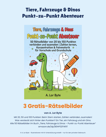 Titelblatt des PDFs mit dem Buchcover Tiere, Fahrzeuge & Dinos auf hellblauem Grund