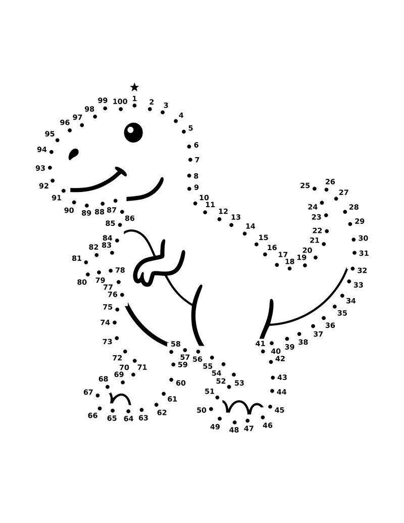 Punkt-zu-Punkt-Rätselbild Tyrannosaurus: 100 nummerierte Punkte, ein Startstern bei der 1 und vorgedruckte Linien für Auge, Mund, Arme und Bauch