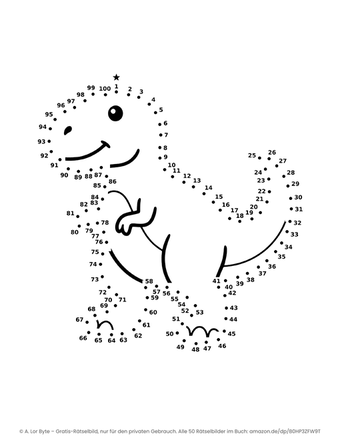 Punkt-zu-Punkt-Rätselbild Tyrannosaurus mit 100 nummerierten Punkten und vorgedruckten Linien