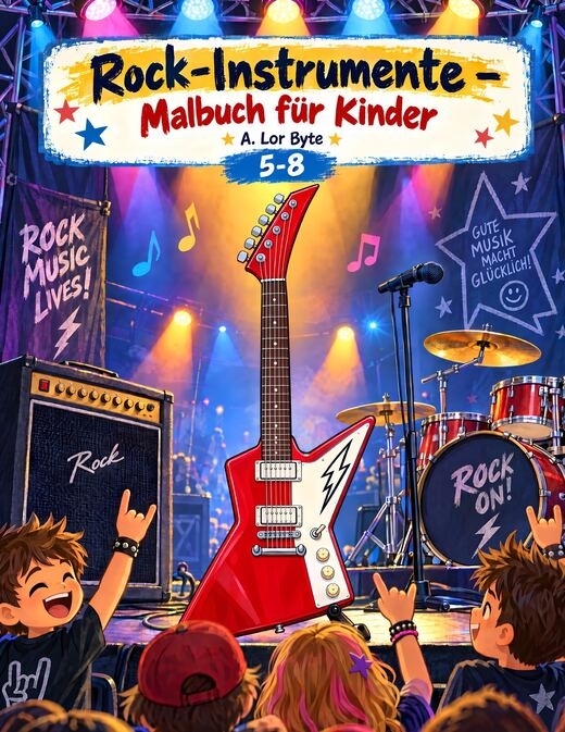 Buchcover „Rock-Instrumente – Malbuch für Kinder“ mit roter E-Gitarre auf einer Bühne und jubelnden Kindern