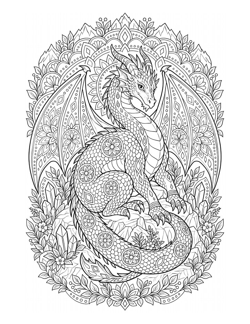 Ausmalbild Drachen-Mandala mit Flügeln, Schuppen, Kristallen und Blättern