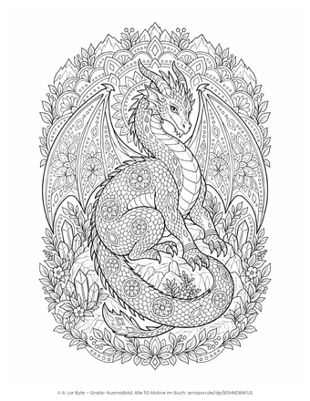 Ausmalbild Drache als Mandala mit Ornamenten