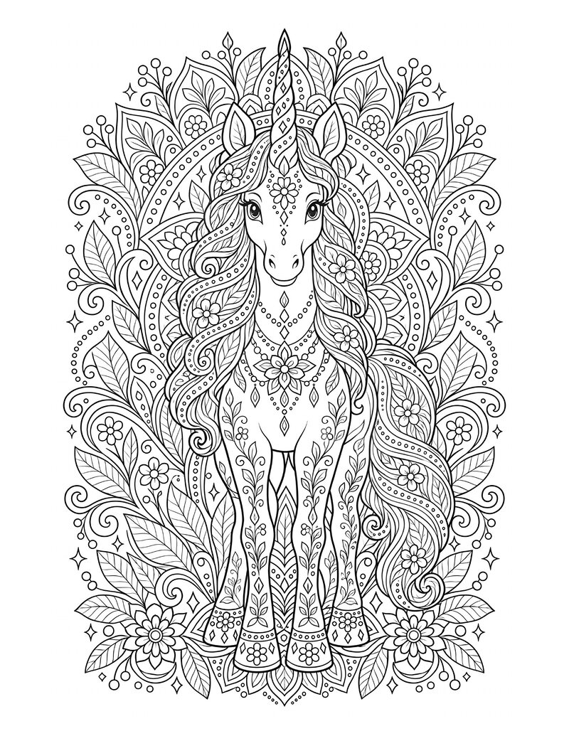 Ausmalbild Einhorn-Mandala mit spiralförmigem Horn, langer Mähne, Blättern und Blüten