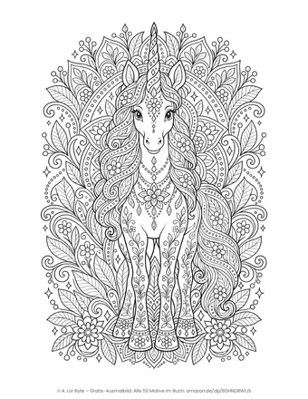 Ausmalbild Einhorn als Mandala mit Blättern und Blüten