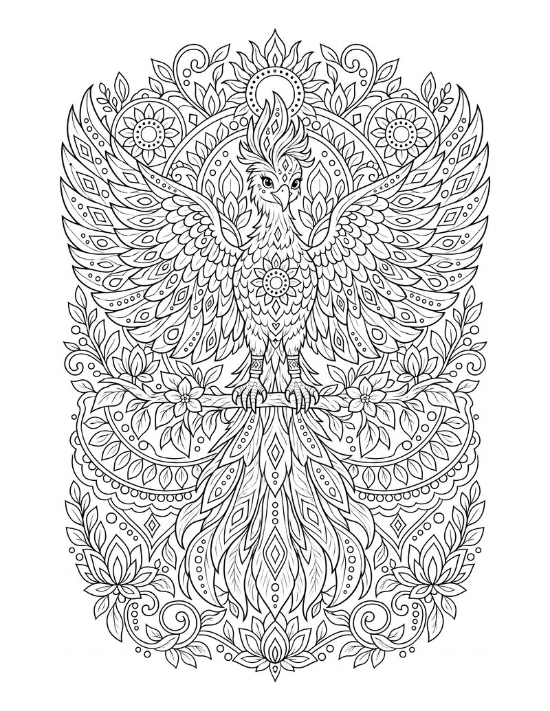 Ausmalbild Phönix-Mandala mit ausgebreiteten Flügeln auf einem Ast