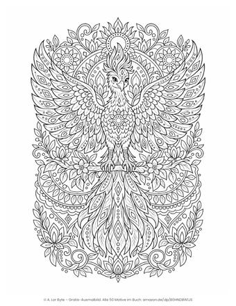 Ausmalbild Phönix mit ausgebreiteten Flügeln als Mandala