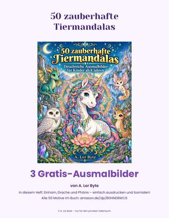Titelblatt des PDFs mit dem Buchcover 50 zauberhafte Tiermandalas auf lavendelfarbenem Grund